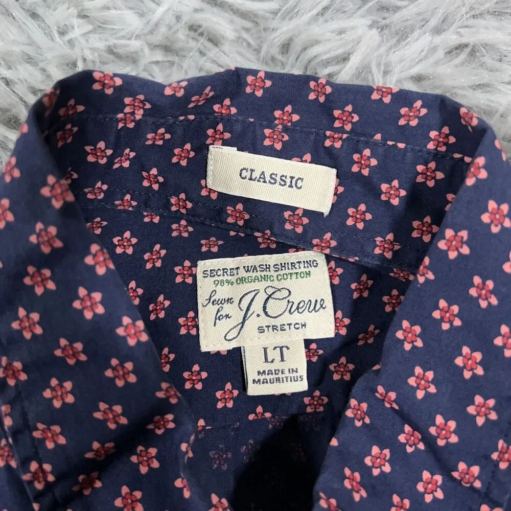 J Crew Adult Shirt Large Tall Blue Red Button Up Floral Stretch Classic Mens